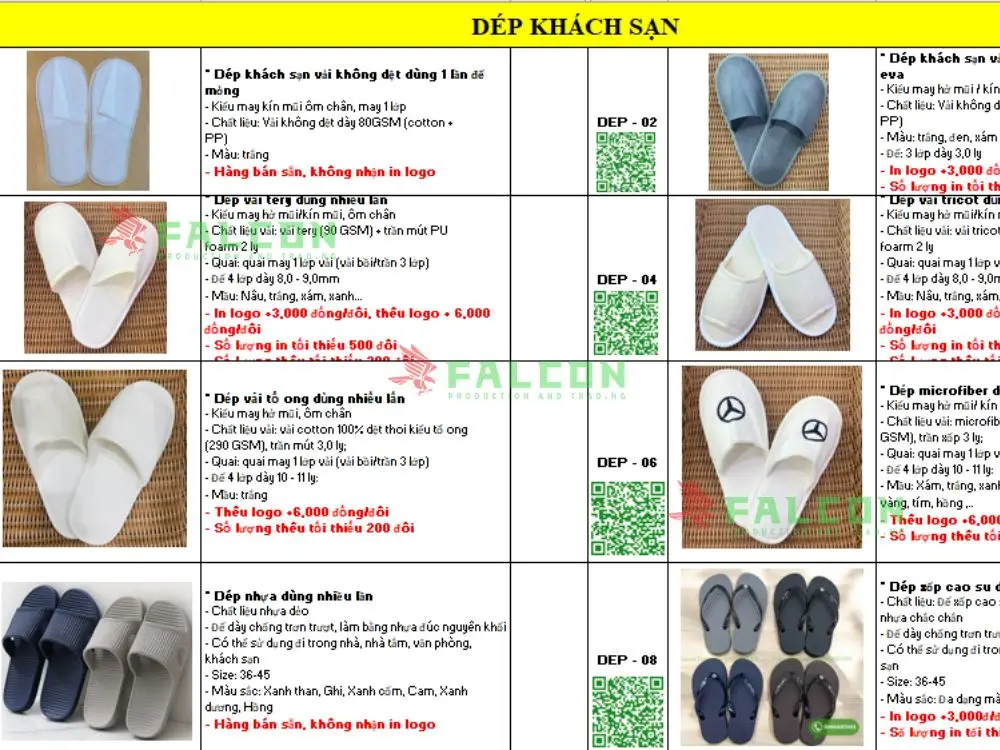 Bảng giá đồ dùng tiêu hao khách sạn dép khách sạn
