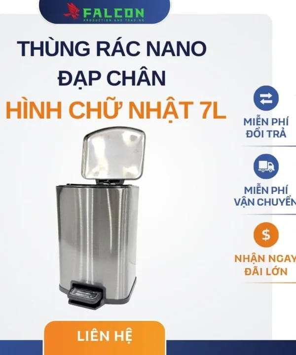 Thùng rác nano đạp chân hình chữ nhật 7L cao cấp