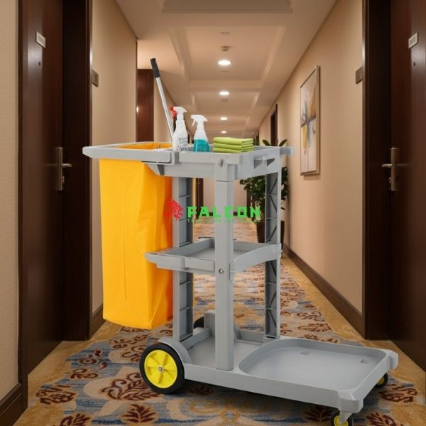 Xe dọn vệ sinh khách sạn được thiết kế với nhiều ngăn tiện lợi để đựng đồ dùng cần thiết.
